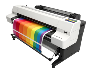 High-quality wide format printer producing vibrant rainbow graphic for large print projects