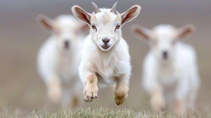 Obraz premium Three baby goats running, blurred background. Outdoor. Possible use Stock photo