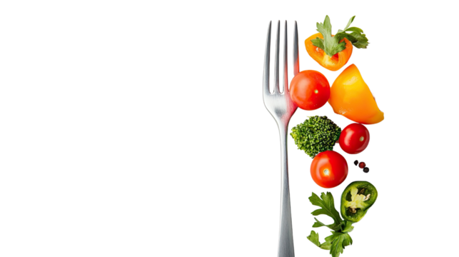 Forkful of Freshness: A vibrant display of fresh vegetables and a silver fork create a visually appealing composition, suggesting a healthy lifestyle and culinary delight.