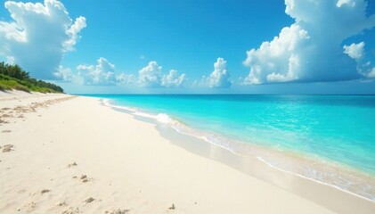 Fine white sand slopes to a tranquil azure ocean, soft waves lapping , sun, nature