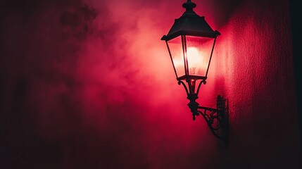 Red-lit wall lamp, smoky night, mysterious ambiance, Halloween decor.