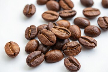 Roasted Coffee Beans Piled on White Background – Fresh Aromatic Espresso Ingredient