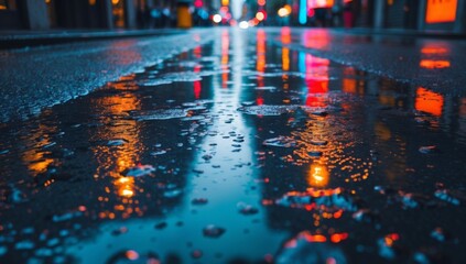 Fototapeta premium Dynamic Rainy Urban Street with Reflective Puddles