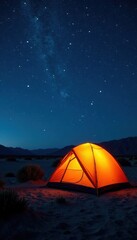 Luminous orange tent, desert starscape Tranquil night camping scene , glow, dark
