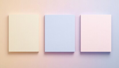 Fototapeta premium Three pastel-colored square blocks on gradient background.