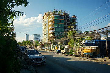 Obraz premium Urban Development in Progress, A Modern Building Rises Against the Skyline
