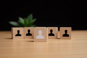 group of six wooden cubes with black white silhouettes in a line