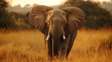Fototapeta premium African Elephant in Golden Hour Savanna Grassland