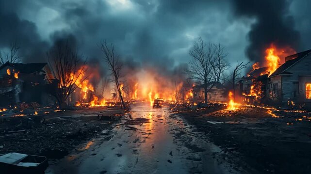 wildfire severe damage village which burning in fire