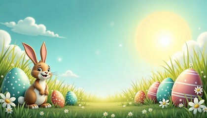 Whimsical Easter Bunny Sitting Amidst Colorful Eggs in Sunny Spring Landscape