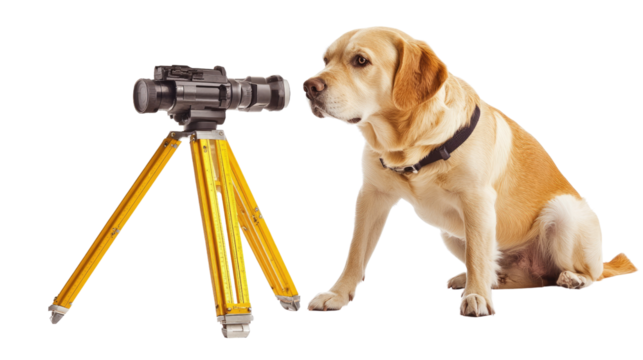 Curious Canine Surveyor: A golden Labrador sits attentively, gazing at a surveying level on a tripod, possibly pondering the mysteries of measurement and alignment.