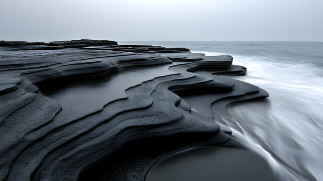 Coastal rock formations, ocean waves, moody sky, nature landscape, website background - Powered by Adobe
