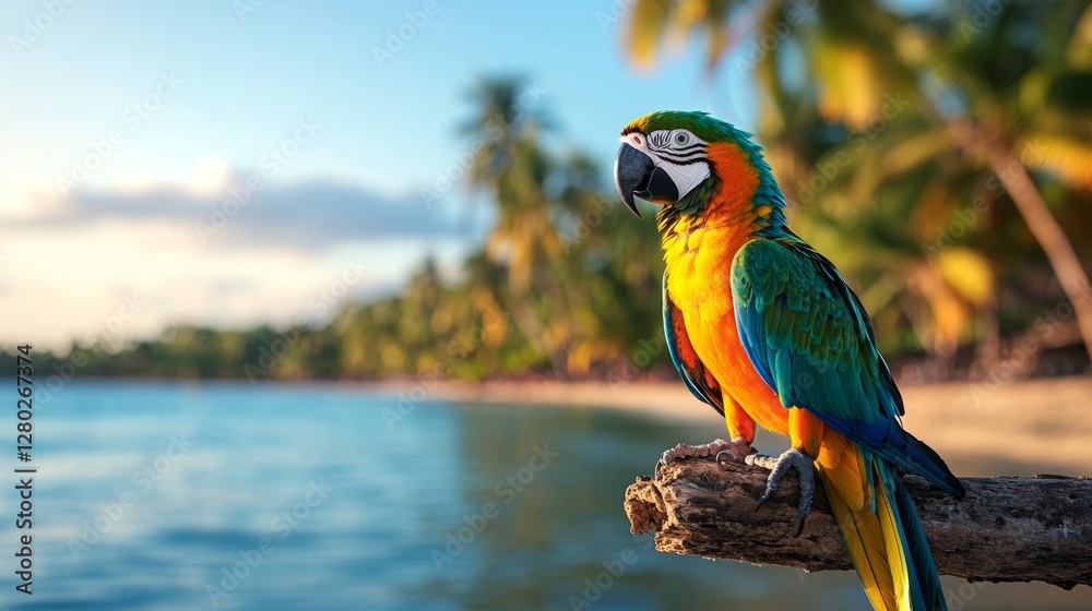 Poster a vibrant macaw rests on a driftwood branch near the calm turquoise ocean. lush palm trees sway gent