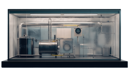 Industrial Complex in Display Case: A meticulously crafted miniature of an industrial facility, featuring intricate details of machinery, pipes, and structures, set inside a clear display case.