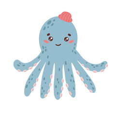 Obraz premium Cute octopus with hand drawn sea life elements. Sea animals. Vector doodle cartoon octopus of marine life objects for your design.