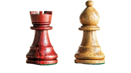 Strategic Standoff: A striking capture of chess pieces, a red rook and a bishop, poised in silent contemplation, embodying the strategic depth and intellectual challenge of the game.