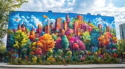 Vibrant Urban Mural Depicting Colorful City Skyline with Lush Trees and Bright Sky