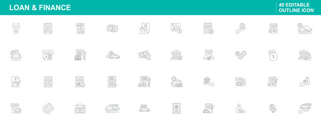 Loan and finance icons in editable outline style, icon set for financial services, banking, and loan applications, icon