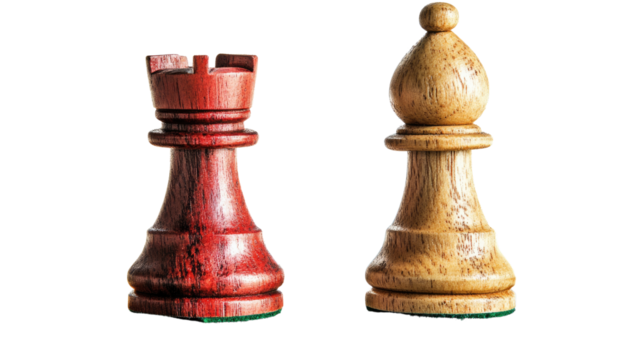 Strategic Standoff: A striking capture of chess pieces, a red rook and a bishop, poised in silent contemplation, embodying the strategic depth and intellectual challenge of the game.