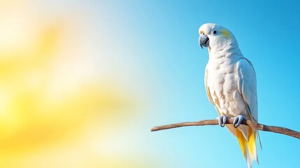 A vibrant tropical parrot rests confidently on a branch, showcasing its striking white feathers and colorful tail. The clear blue sky and warm sunlight create a perfect vacation backdrop.