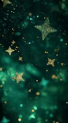 Gold Glitter Stars Floating Against a Dark Green Background