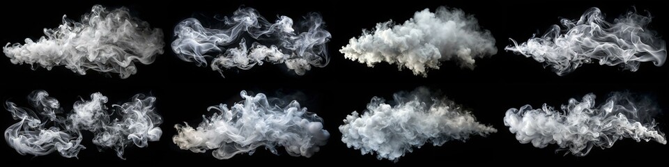 A series of images of smoke clouds in various sizes and shapes. The mood of the images is mysterious and somewhat ominous