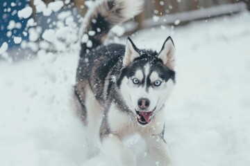 Naklejka premium A playful husky dog enjoying a snowy day in natural light