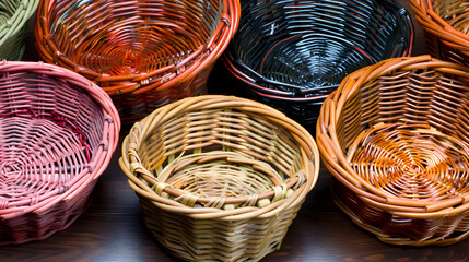 A collection of colorful woven baskets displayed on a wooden surface.