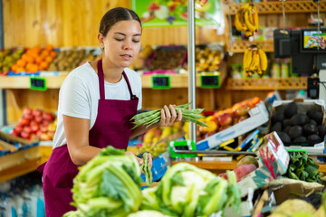 Portrait of a young friendly saleswoman in a vegetable store, puts out goods on the counter