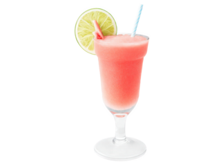 Watermelon Slush A cold, slushy drink made with blended watermelon, ice, and a touch of lime juice. The drink is