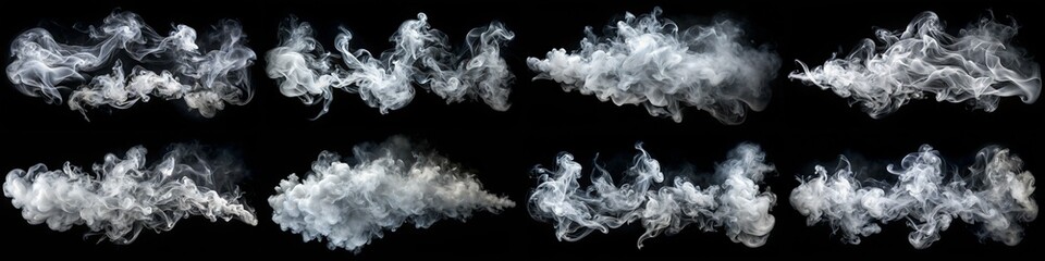 A series of images of smoke in the air. The smoke is white and billowing, creating a sense of movement and energy. The images are all black and white, which adds to the dramatic effect of the smoke