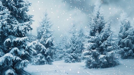Fototapeta premium Enchanting Winter Forest with Snow-Covered Fir Trees and Gentle Snowfall