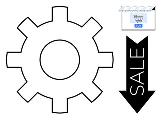 Gear mechanism next to shopping cart icon with BUY text and downward arrow labeled SALE. Ideal for e-commerce, automation, discounts, retail marketing, online shopping, mechanical processes, sales