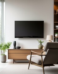 Fototapeta premium Cabinet for TV on the white wall in living room with armchair, minimal design. Generated image