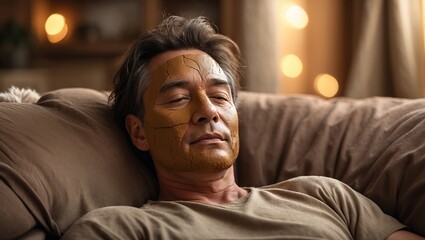 Obraz premium Man with painted face resting on couch in cozy living room during evening light glow