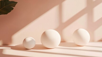 Three white spheres on pink background, sunlight.