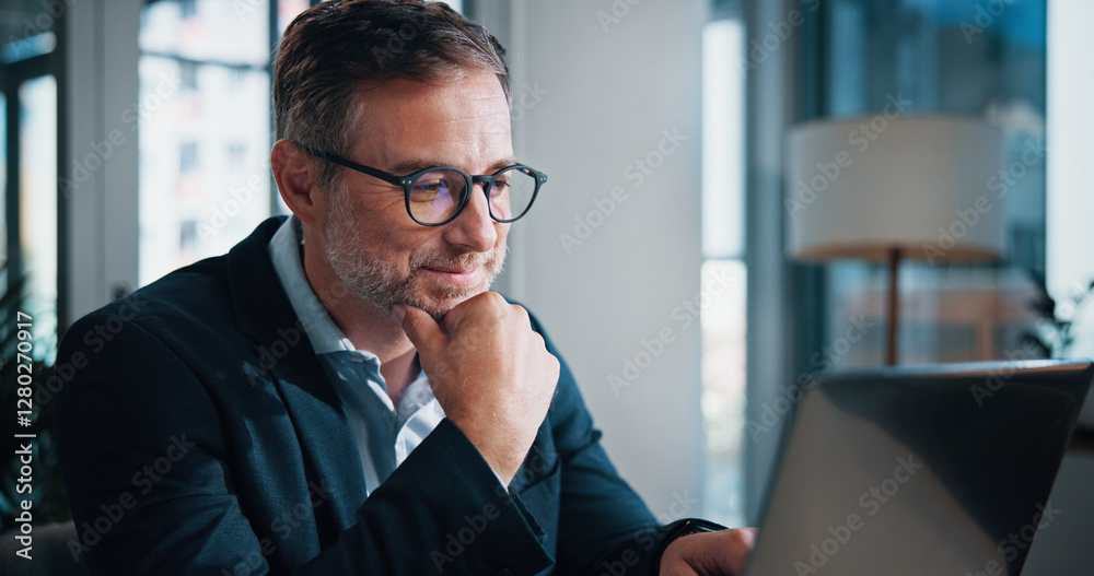 Poster business, thinking and man with laptop, internet and solution with problem solving, choice and decis