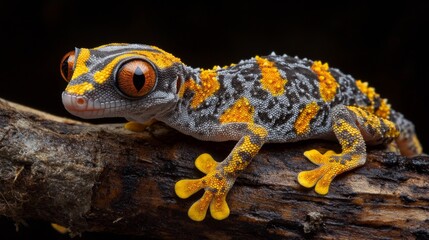 Fototapeta premium Closeup of a Small Yellow and Black Spotted Gecko on Dark Branch
