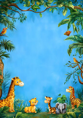 A colorful jungle scene featuring cartoon animals and a blue background for creative use.