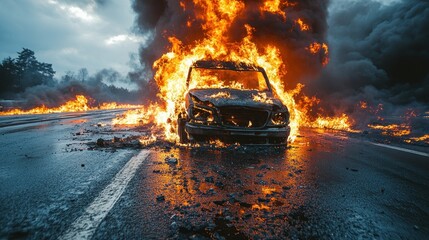 Burning car engulfed in flames on a highway, smoke billowing, accident scene.
