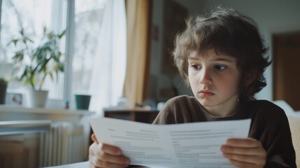 Worried user reviewing their child’s report card at home. Featuring concern and stress