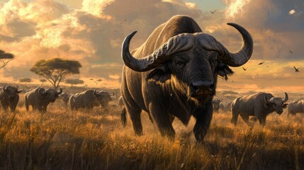 Obraz premium Cape Buffalo Herd at Sunset in African Savanna