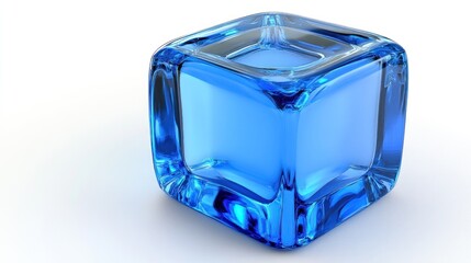 Transparent blue glass cube on white background.