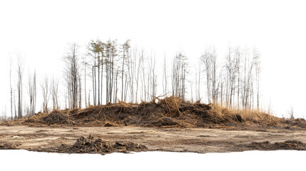 Barren Landscape: A desolate landscape of dry earth, with a cluster of bare trees on a small hill, evokes a sense of environmental change or struggle.