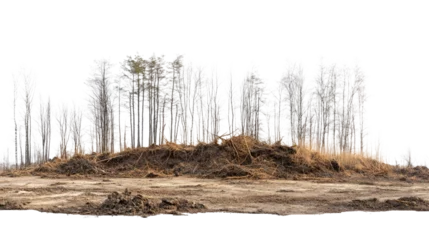Fototapete Barren Landscape: A desolate landscape of dry earth, with a cluster of bare trees on a small hill, evokes a sense of environmental change or struggle. © yeewa