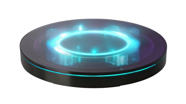 Futuristic Technology Podium: A sleek, circular platform with glowing blue light accents, showcasing modern technology and design, ready for product display or digital interaction. 