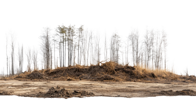 Barren Landscape: A desolate landscape of dry earth, with a cluster of bare trees on a small hill, evokes a sense of environmental change or struggle.