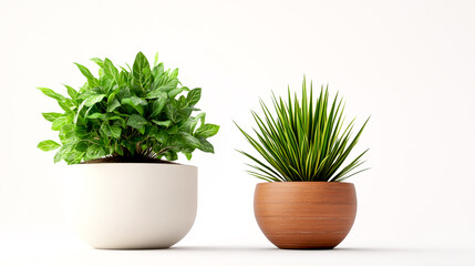 2 different potted plants against a white background.Photorealistic, high-resolution