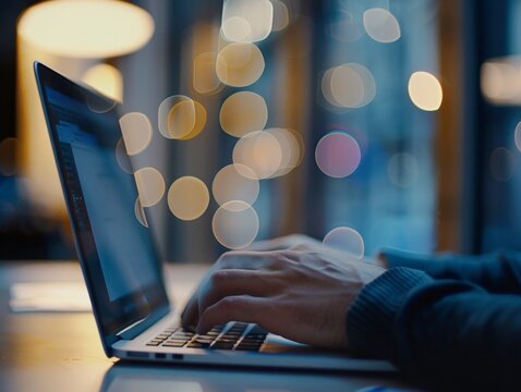 A person using a laptop with a digital interface in an office setting