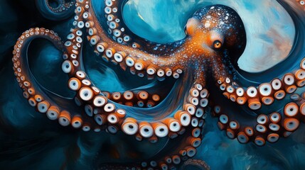 Fototapeta premium Orange and Blue Octopus in Dark Underwater Setting